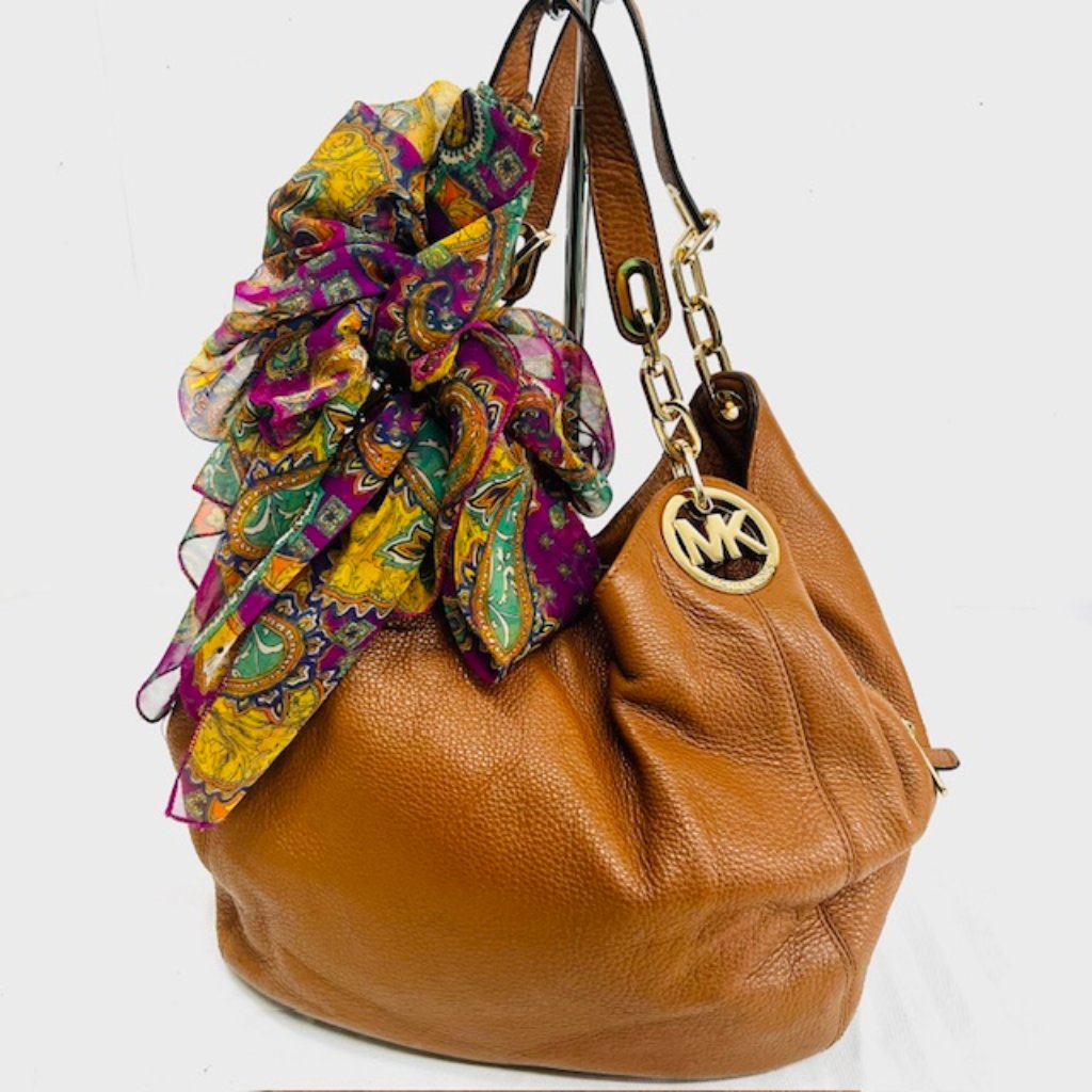 Michael Kors Brown Leather Hobo With Colorful Scarf